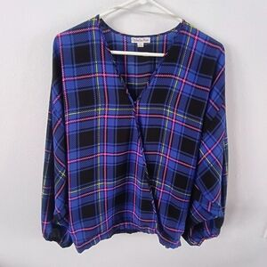 Ophelia Roe Plaid V Neck Blouse Blue Pink Balloon Sleeve Womens Large